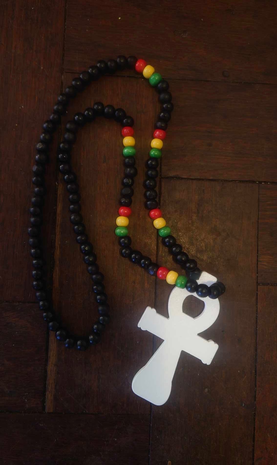 Gold Chunky Hip Hop Ankh Cross Necklace – Wood Bead, Egyptian Style, Rasta Inspired